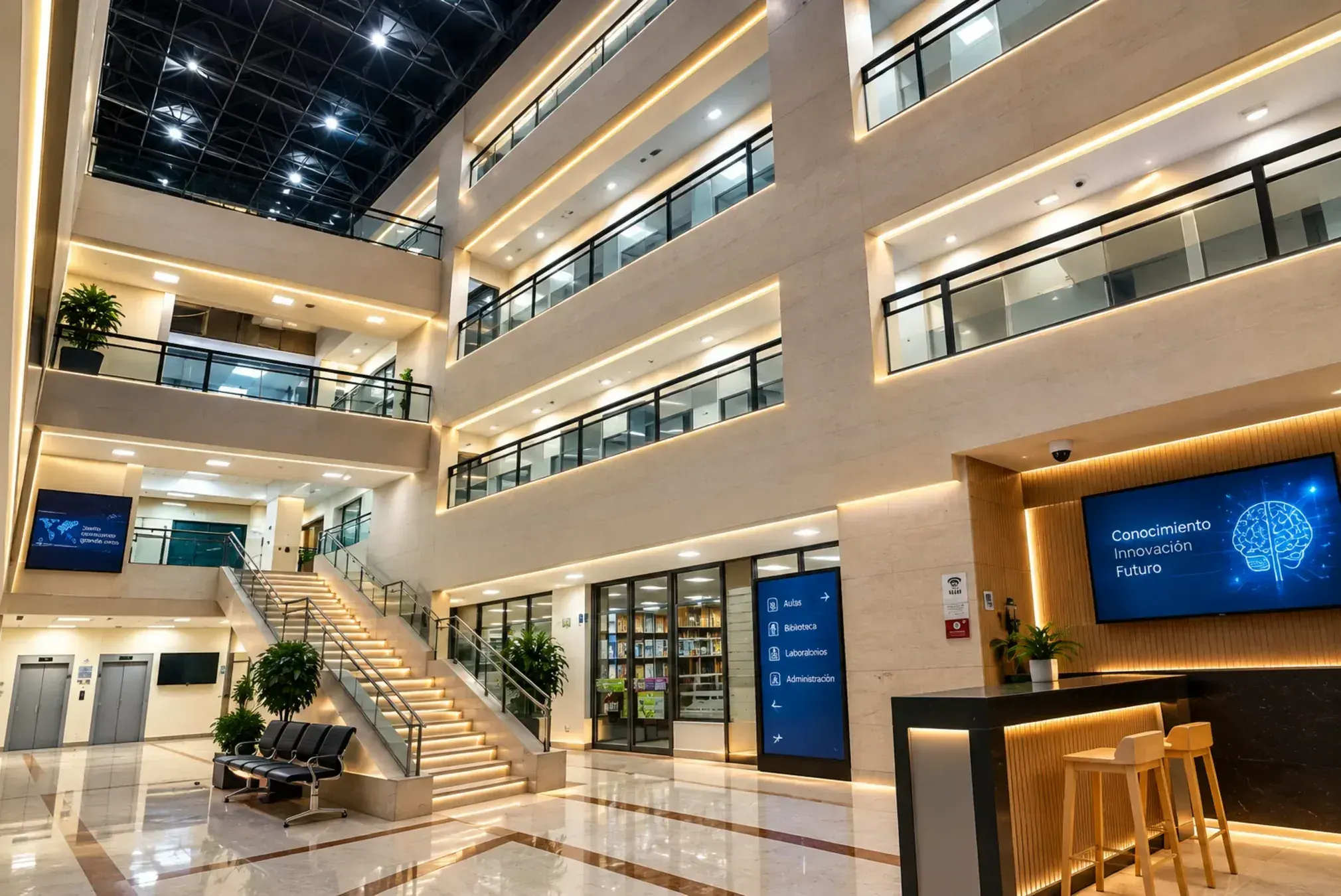 Vestíbulo de edificio empresarial con iluminación e infraestructura eléctrica
